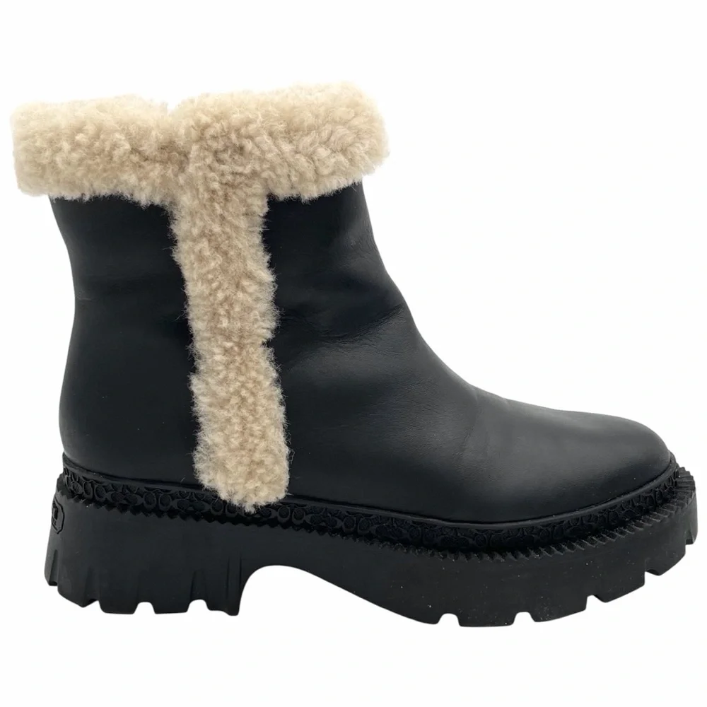 Coach Jane Black Leather Shearling Trim Booties Size 9